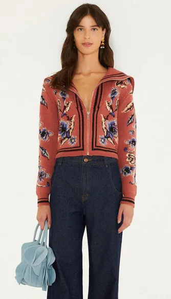 floral beauty tapestry blush pink knit cardigan